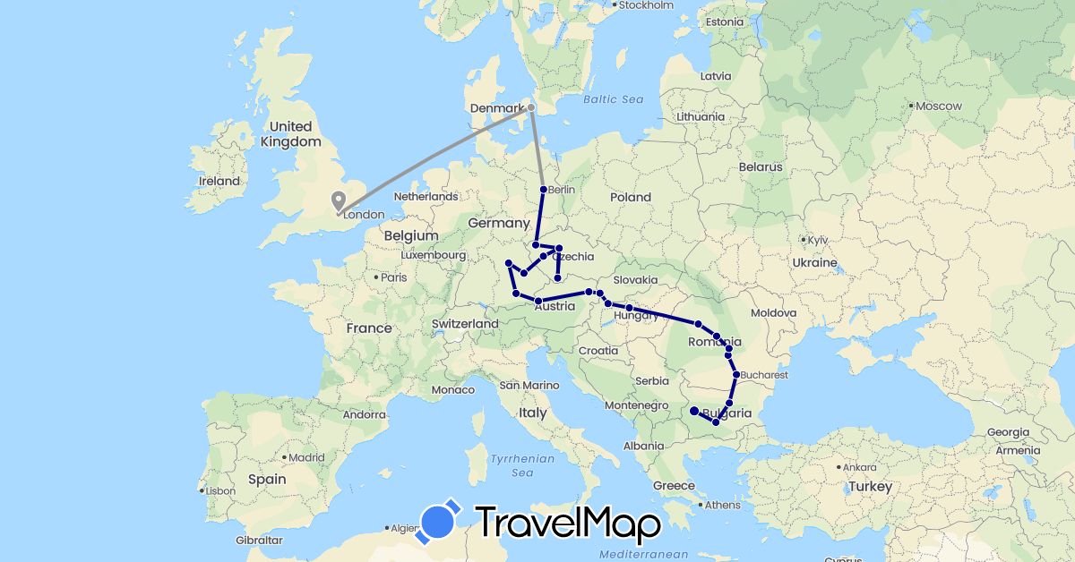 TravelMap itinerary: driving, plane in Austria, Bulgaria, Czech Republic, Germany, Denmark, United Kingdom, Hungary, Romania, Slovakia (Europe)